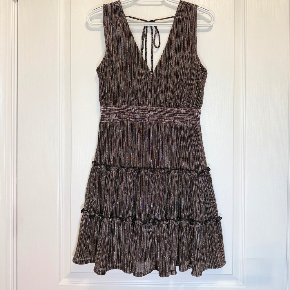 Audrey Parks Francesca's Metallic Bronze Plisse Tiered Mini Dress Small